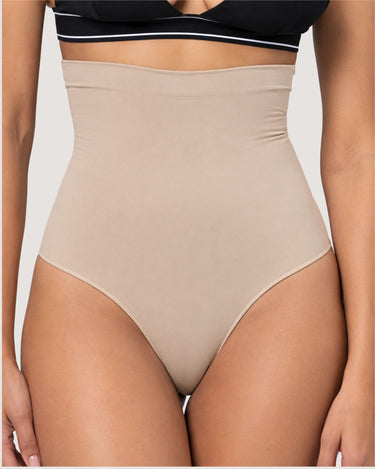 Woman wearing the BZEZ Smoothing Sculpt High-Waisted Thong in Bare, front view