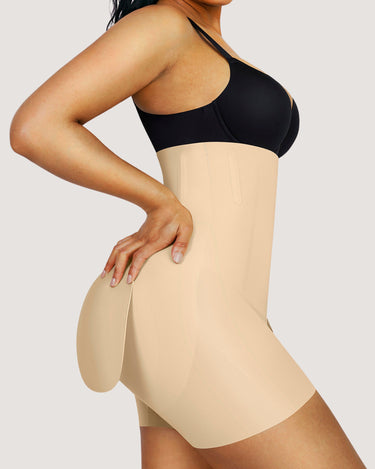 Woman wearing BZEZ Uplift Booty Shorts in Bare, side view