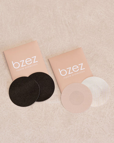 BZEZ satin Nipple Protectors in Bare and Onyx with their packets