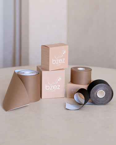 BZEZ Breast Tape rolls in Bare, Mocha and Onyx with their boxes
