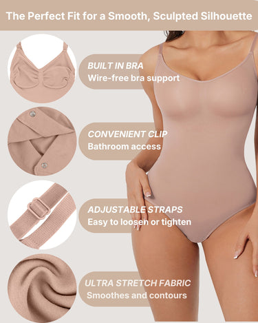 BZEZ Smoothing Sculpt Bodysuit Thong features: built-in bra, convenient clip, adjustable straps