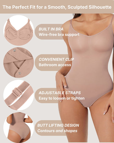 BZEZ Smoothing Sculpt Bodysuit Brief features: built-in bra, convenient clip, adjustable straps
