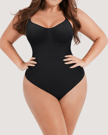 Woman wearing the BZEZ Smoothing Sculpt Bodysuit Thong in Onyx (black), front view