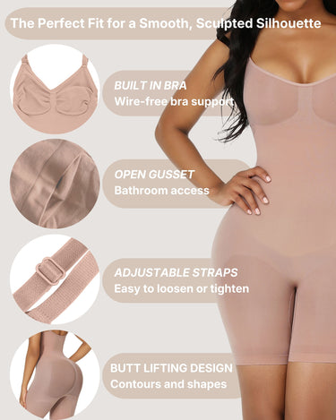 BZEZ Smoothing Sculpt Bodysuit Shorts features: built-in bra, open gusset, adjustable straps