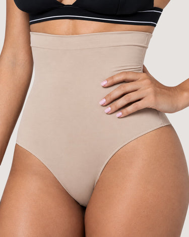 Close-up of the BZEZ Smoothing Sculpt High-Waisted Thong in Bare
