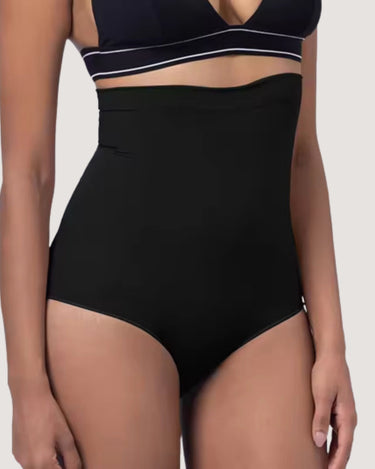 Woman wearing the BZEZ Smoothing Sculpt High-Waisted Brief in Onyx (black), front view